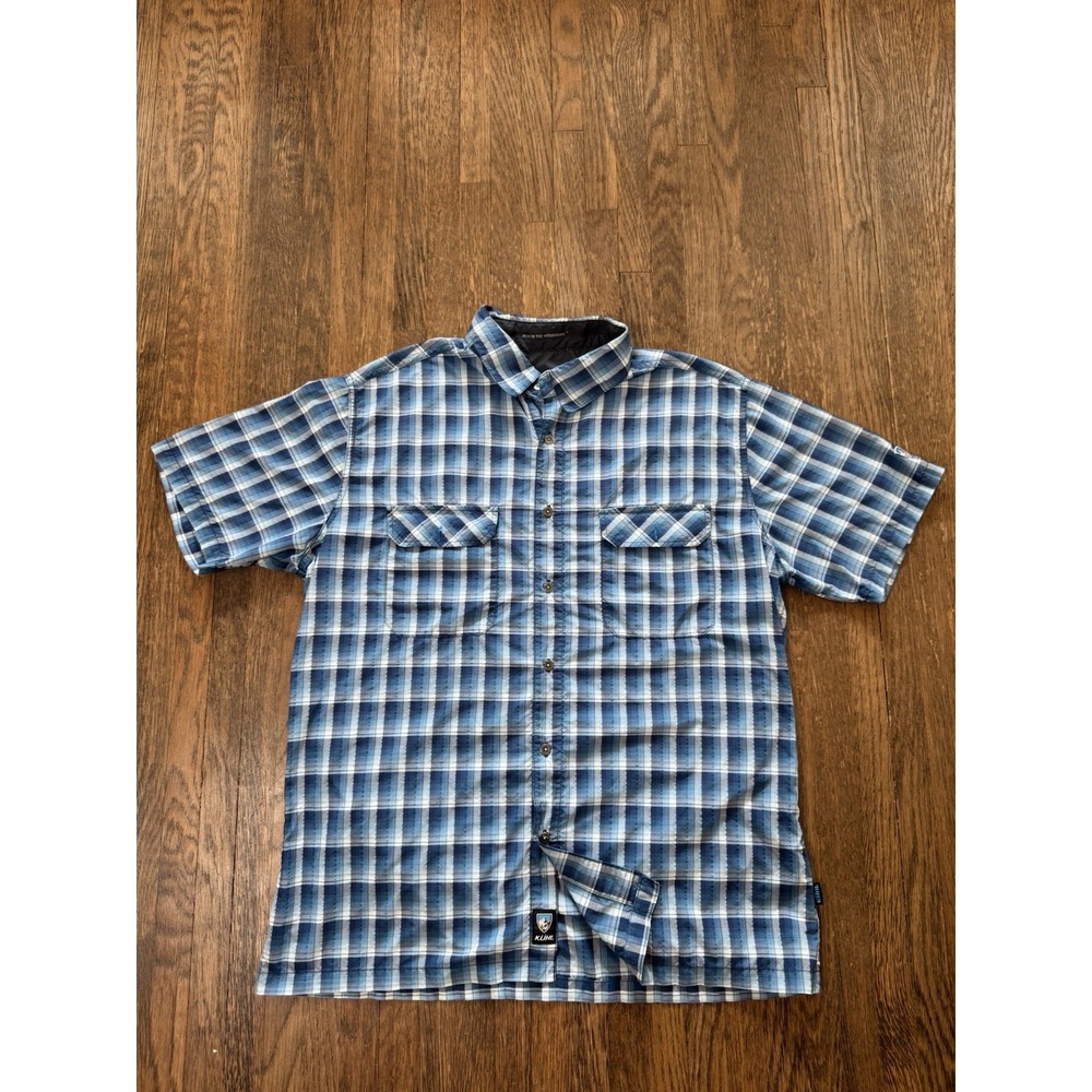 Kuhl Mens Large Blue Plaid Short Sleeve Techincal Hiking Button Down Shirt L